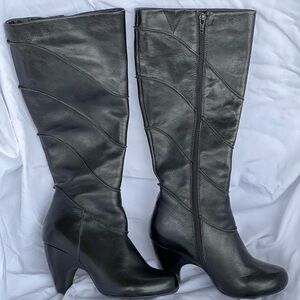 Miz Mooz “Tailor” Black Heeled Leather Knee High Boots with Faux Fur Lining
